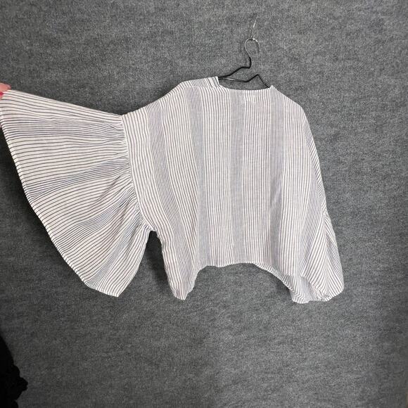 Kimono Cardigan Womens One Size Blue White Striped Gauzy Beachy Flounce Boho - Picture 5 of 5